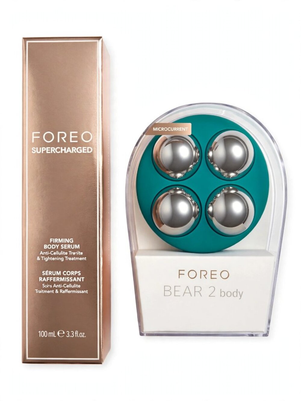 FOREO BEAR 2 Body Evergreen + SUPERCHARGED Firming Body Serum 100mL Bundle - New